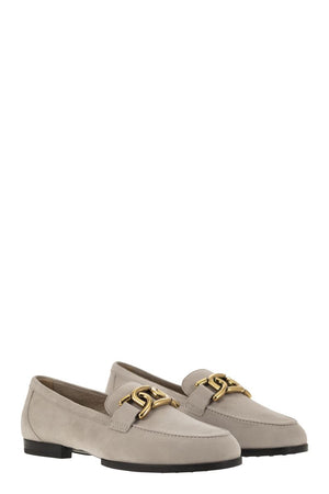 TOD'S Beige Suede Moccasins with Custom Metal Chain Accessory - Women's Shoes