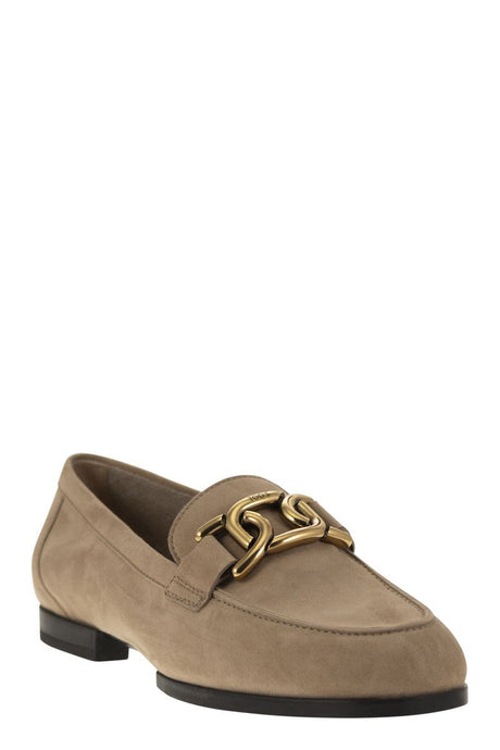 TOD'S Brown Suede Moccasins with Vintage Gold Chain Accessory