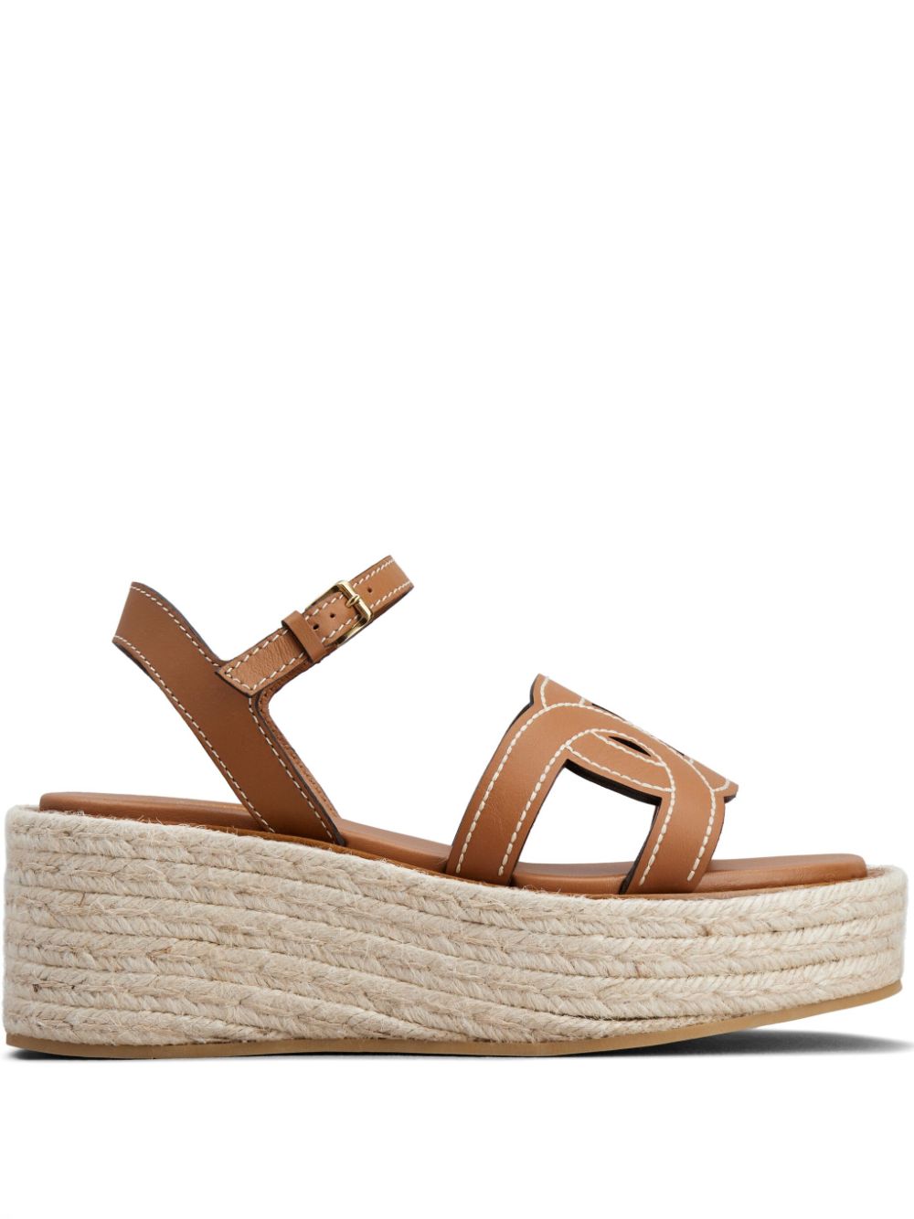 TOD'S Brown Leather Wedge Sandals for Women with Raffia Platform
