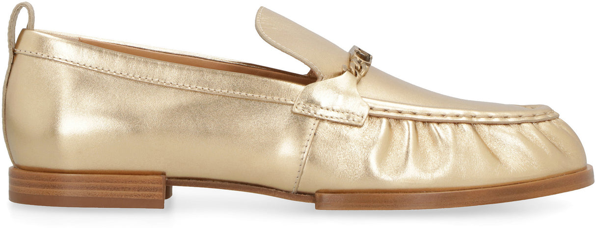 TOD'S GOLD METALLIC LOAFERS WITH GATHERED DETAIL & HORSEBIT ACCENTS FOR WOMEN