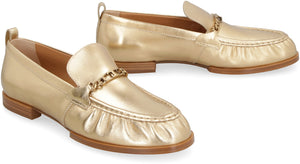 TOD'S GOLD METALLIC LOAFERS WITH GATHERED DETAIL & HORSEBIT ACCENTS FOR WOMEN