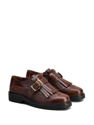 TODS Burgundy Leather Derby Dress Shoes with Fringed Front and Gold-Tone Buckle