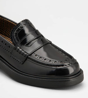 TOD'S Elegant Black Patent Leather Loafers with Brogue Detail