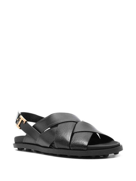 TODS Women's Black Leather Sandals with Crossed Straps and Timeless Buckle