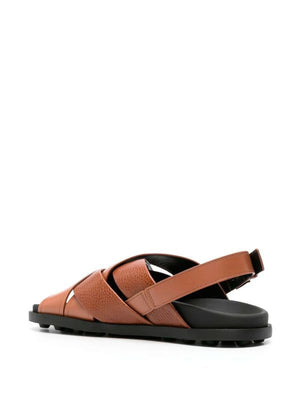 TODS Brown Leather Sandals with Crossed Straps and Timeless Buckle