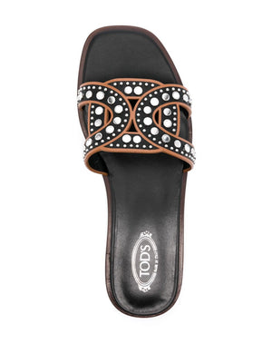 TOD'S Leather Flat Sandals with Stud Embellishments