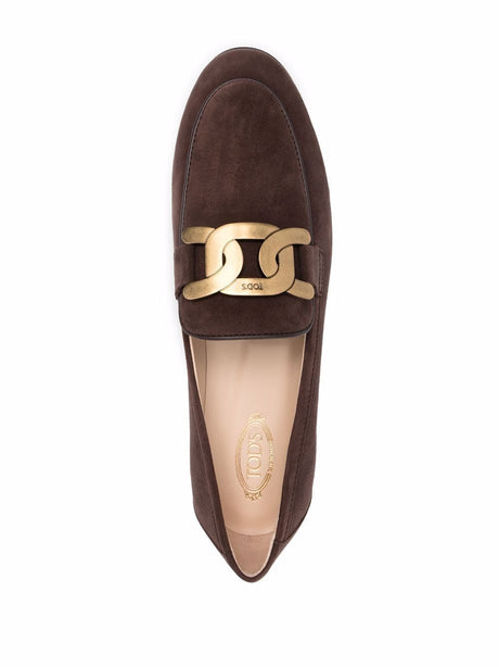 TOD'S Dark Brown Suede Chain-Plaque Loafers for Women