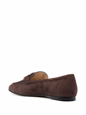 TOD'S Dark Brown Suede Chain-Plaque Loafers for Women