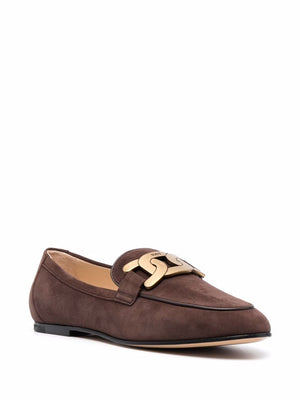 TOD'S Dark Brown Suede Chain-Plaque Loafers for Women