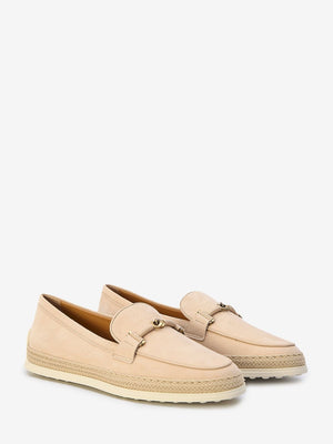 TOD'S Nude Suede Loafers with Raffia Insert and Double T Ring Accessory