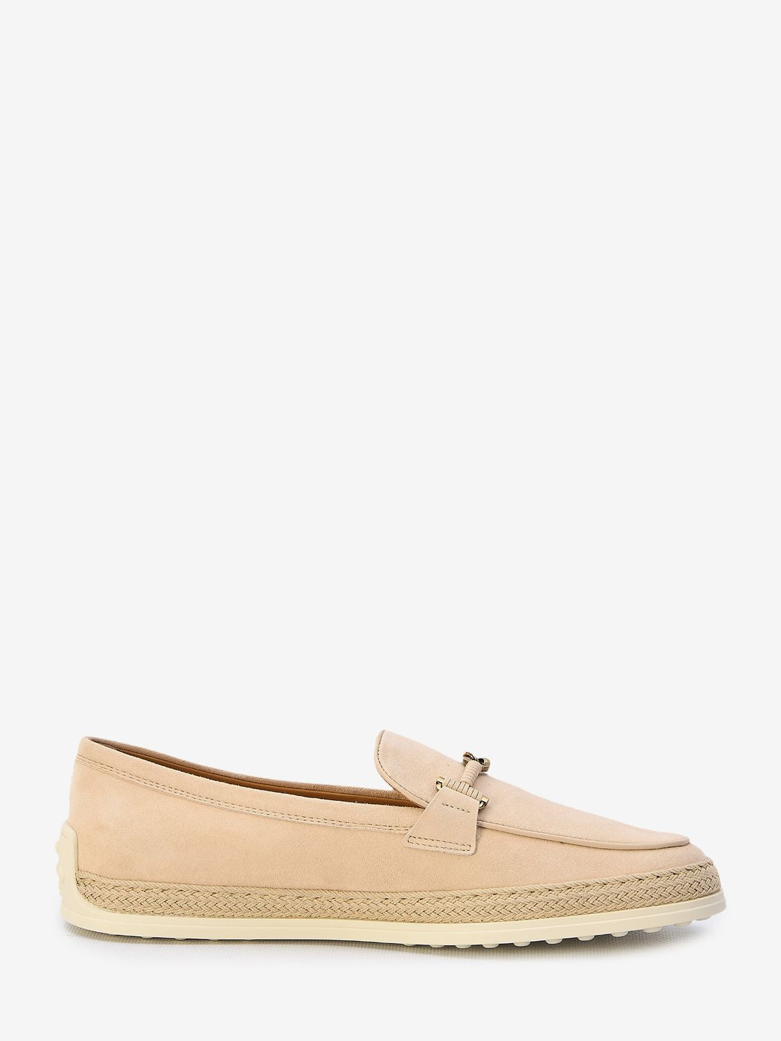 TOD'S Nude Suede Loafers with Raffia Insert and Double T Ring Accessory