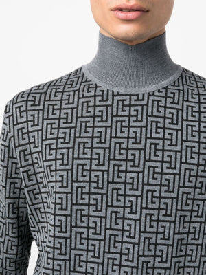 BALMAIN Men's Monogram Turtleneck Sweater in Black and Grey for Fall/Winter 2024