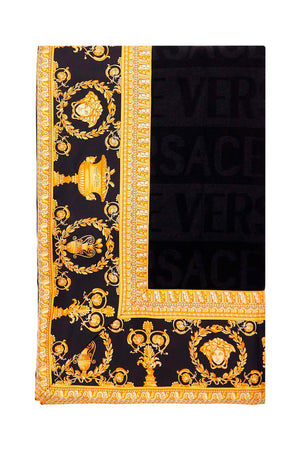 VERSACE Luxurious Wool Blanket with All-Over Logo Print and Golden Silk Edges