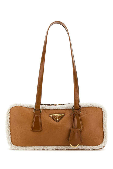 PRADA Two-Tone Leather and Shearling Handbag - 29 cm