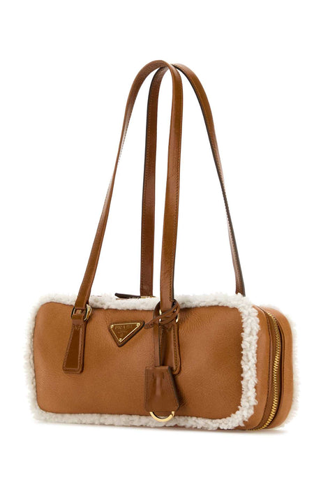 PRADA Two-Tone Leather and Shearling Handbag - 29 cm