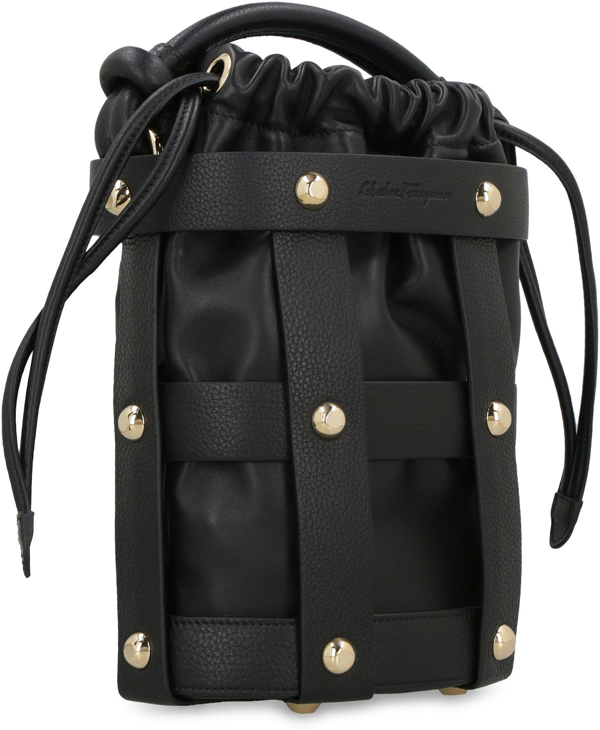 FERRAGAMO Black Pebbled Leather Drawstring Bucket Bag for Women - SS23